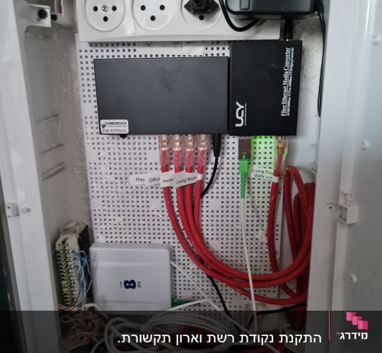 ארון תקשורת עם כבלים וממיר סיבים אופטיים